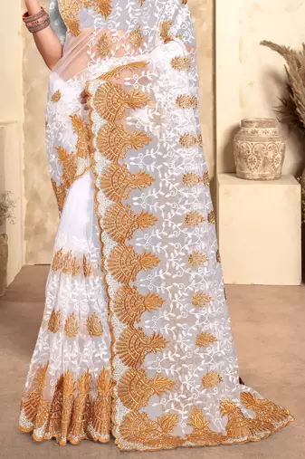 White Zari Resham Stone Embroidered Net Party Wear Saree With Blouse Piece