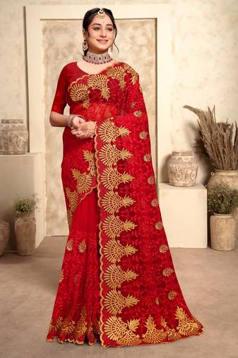 Red Zari Resham Stone Embroidered Net Party Wear Saree With Blouse Piece