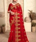 Red Zari Resham Stone Embroidered Net Party Wear Saree With Blouse Piece