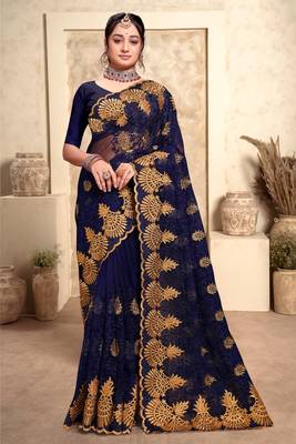 Navy Blue Zari Resham Stone Embroidered Net Party Wear Saree With Blouse Piece 1