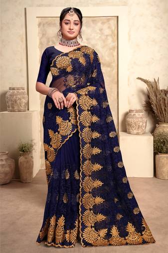 Navy Blue Zari Resham Stone Embroidered Net Party Wear Saree With Blouse Piece