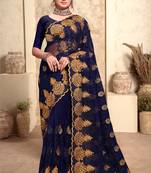 Navy Blue Zari Resham Stone Embroidered Net Party Wear Saree With Blouse Piece