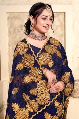 Navy Blue Zari Resham Stone Embroidered Net Party Wear Saree With Blouse Piece 2