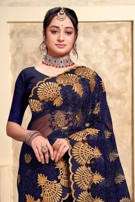 Navy Blue Zari Resham Stone Embroidered Net Party Wear Saree With Blouse Piece 3