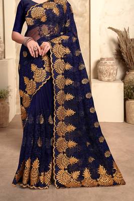 Navy Blue Zari Resham Stone Embroidered Net Party Wear Saree With Blouse Piece 4