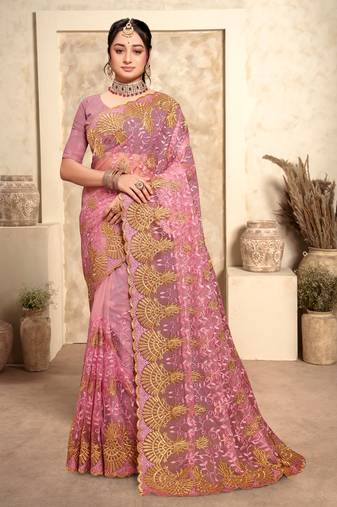 Pink Zari Resham Stone Embroidered Net Party Wear Saree With Blouse Piece