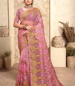Pink Zari Resham Stone Embroidered Net Party Wear Saree With Blouse Piece