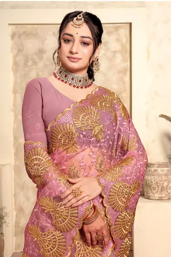 Pink Zari Resham Stone Embroidered Net Party Wear Saree With Blouse Piece