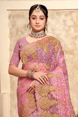 Pink Zari Resham Stone Embroidered Net Party Wear Saree With Blouse Piece 3