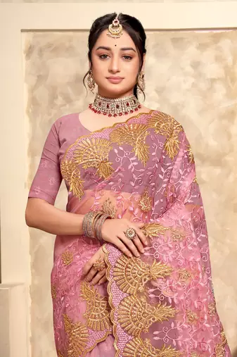 Pink Zari Resham Stone Embroidered Net Party Wear Saree With Blouse Piece