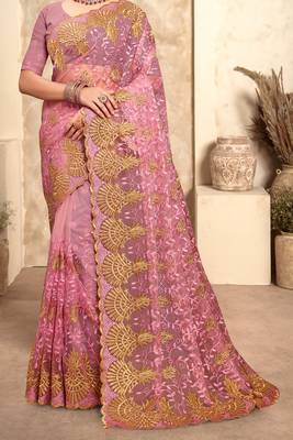 Pink Zari Resham Stone Embroidered Net Party Wear Saree With Blouse Piece 4