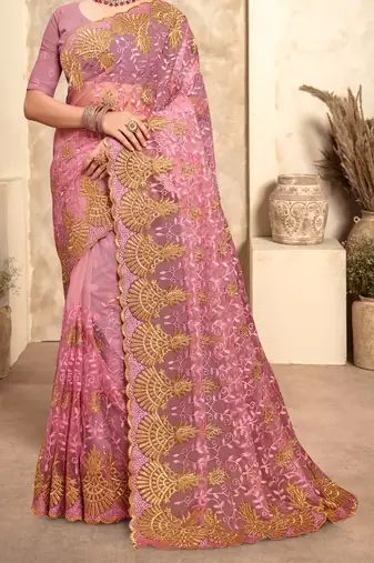 Pink Zari Resham Stone Embroidered Net Party Wear Saree With Blouse Piece