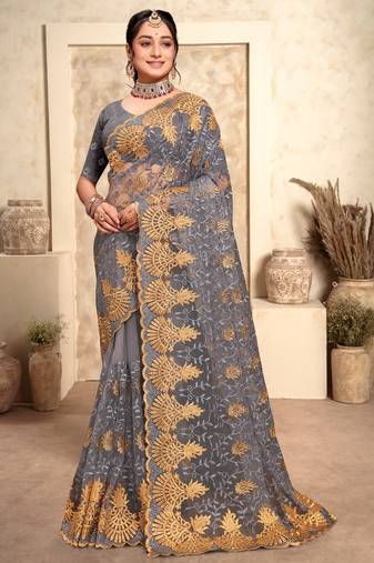 Grey Zari Resham Stone Embroidered Net Party Wear Saree With Blouse Piece