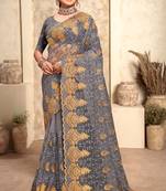 Grey Zari Resham Stone Embroidered Net Party Wear Saree With Blouse Piece