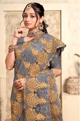 Grey Zari Resham Stone Embroidered Net Party Wear Saree With Blouse Piece 2