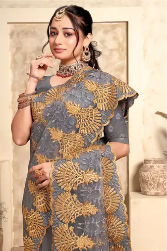 Grey Zari Resham Stone Embroidered Net Party Wear Saree With Blouse Piece