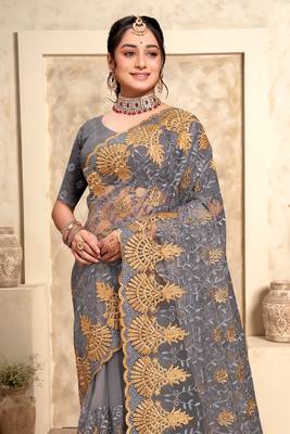 Grey Zari Resham Stone Embroidered Net Party Wear Saree With Blouse Piece 3