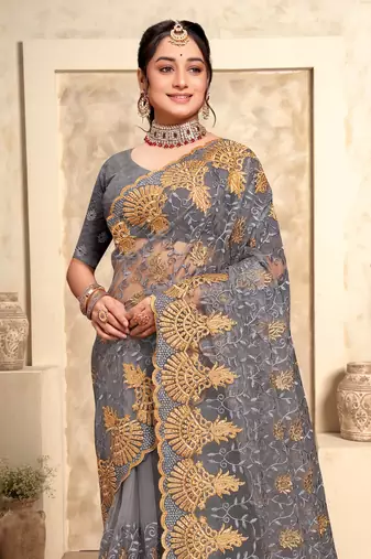 Grey Zari Resham Stone Embroidered Net Party Wear Saree With Blouse Piece