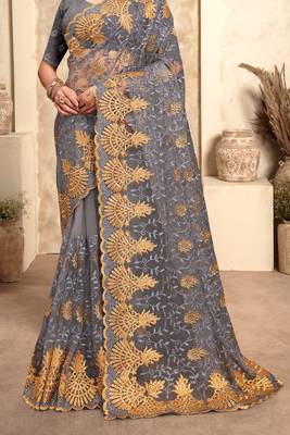 Grey Zari Resham Stone Embroidered Net Party Wear Saree With Blouse Piece 4