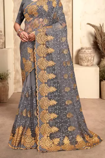 Grey Zari Resham Stone Embroidered Net Party Wear Saree With Blouse Piece