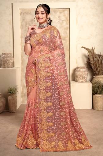 Peach Zari Resham Stone Embroidered Net Party Wear Saree With Blouse Piece