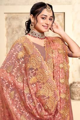Peach Zari Resham Stone Embroidered Net Party Wear Saree With Blouse Piece 2