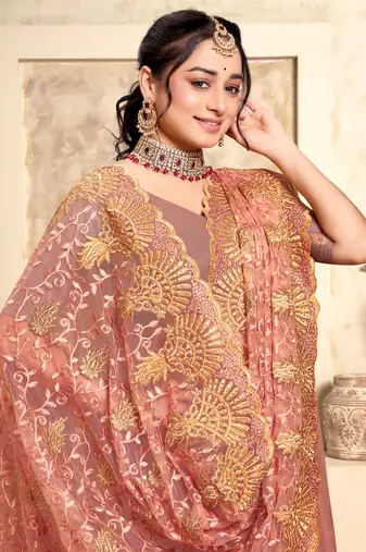 Peach Zari Resham Stone Embroidered Net Party Wear Saree With Blouse Piece