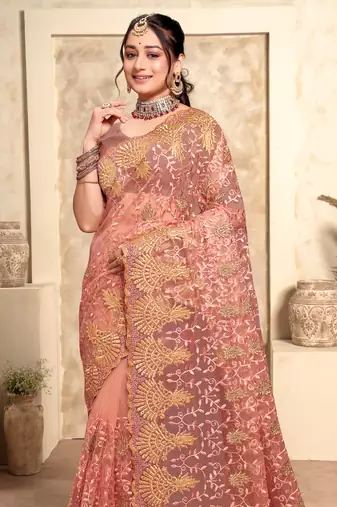 Peach Zari Resham Stone Embroidered Net Party Wear Saree With Blouse Piece