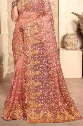 Peach Zari Resham Stone Embroidered Net Party Wear Saree With Blouse Piece
