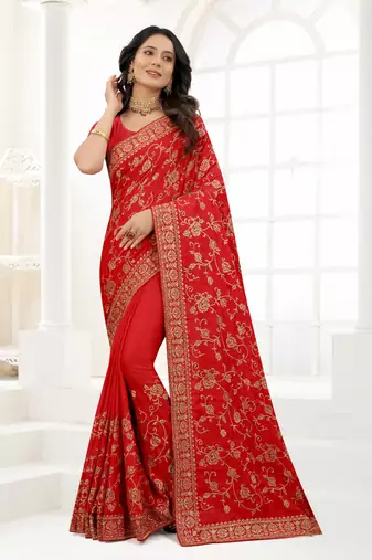 Red zari embroidered stone border satin silk party wear saree with blouse piece