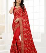 Red Zari Embroidered Stone Border Satin Silk Party Wear Saree With Blouse Piece