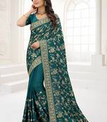 Teal Blue Zari Embroidered Stone Border Satin Silk Party Wear Saree With Blouse Piece