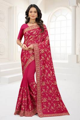 Magenta Zari Embroidered Stone Border Satin Silk Party Wear Saree With Blouse Piece 1