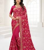 Magenta Zari Embroidered Stone Border Satin Silk Party Wear Saree With Blouse Piece