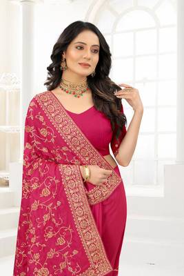 Magenta Zari Embroidered Stone Border Satin Silk Party Wear Saree With Blouse Piece 2