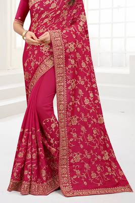 Magenta Zari Embroidered Stone Border Satin Silk Party Wear Saree With Blouse Piece 3