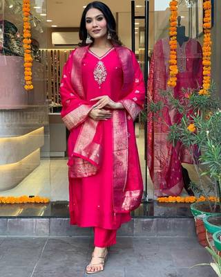 Pink Chanderi Fabric Embroidered work Straight cut Kurta Pant and Dupatta Set 1
