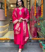 Pink Chanderi Fabric Embroidered work Straight cut Kurta Pant and Dupatta Set
