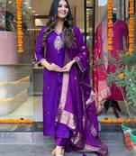 Chanderi Zari Embroidered Purple Kurti Set