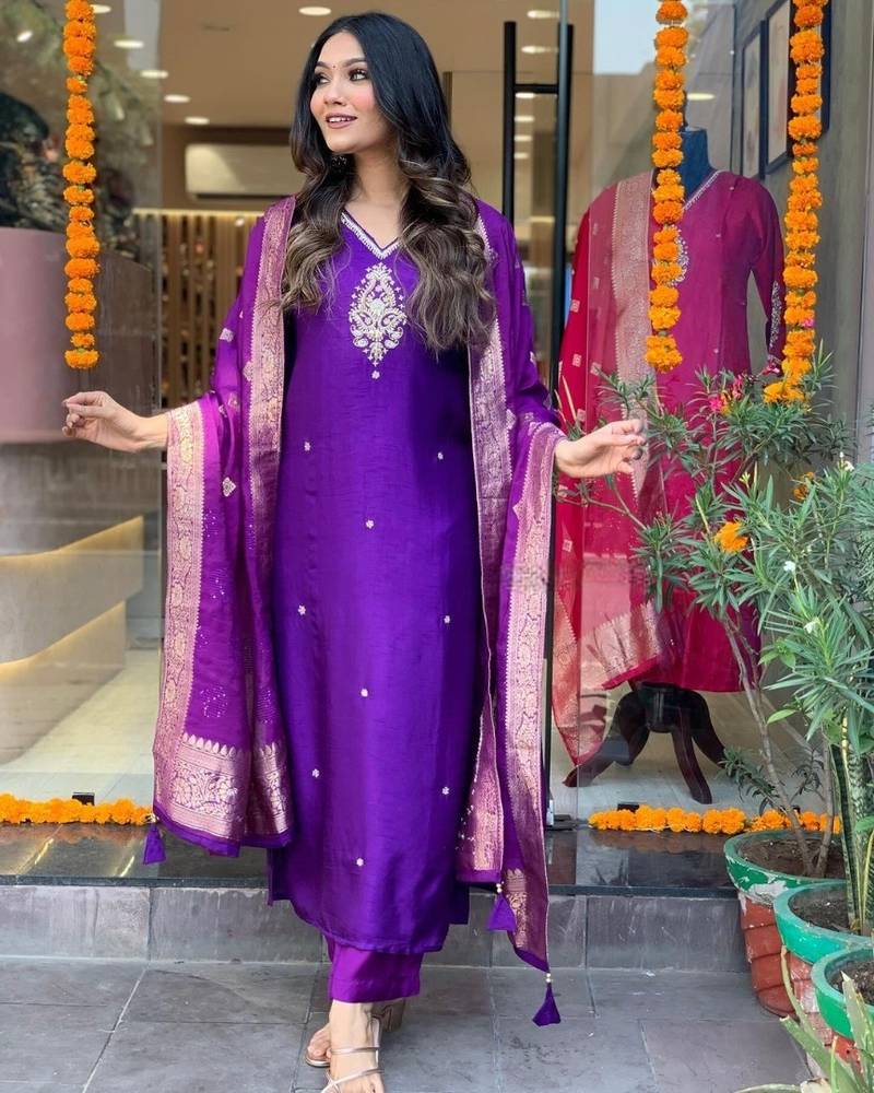 Chanderi Zari Embroidered Purple Kurti Set