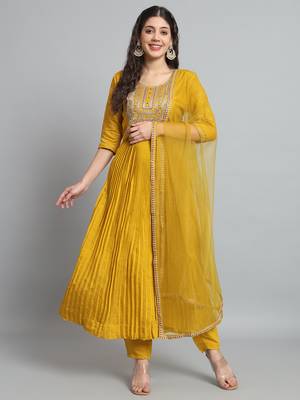 Sequence Embroidered Mustard Yellow Pure Chanderi Silk Flare Kurta With Pant & Dupatta Set 1