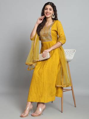 Sequence Embroidered Mustard Yellow Pure Chanderi Silk Flare Kurta With Pant & Dupatta Set 2