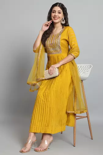 Sequence Embroidered Mustard Yellow Pure Chanderi Silk Flare Kurta With Pant & Dupatta Set