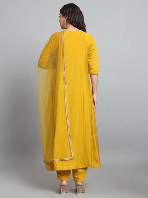 Sequence Embroidered Mustard Yellow Pure Chanderi Silk Flare Kurta With Pant & Dupatta Set 3