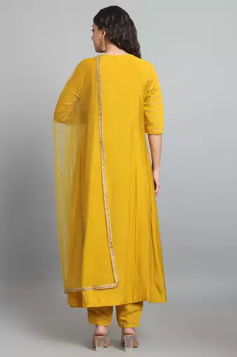 Sequence Embroidered Mustard Yellow Pure Chanderi Silk Flare Kurta With Pant & Dupatta Set