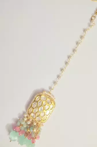 Runjhun gold plated kundan flower designer maang tikka with pearls for women