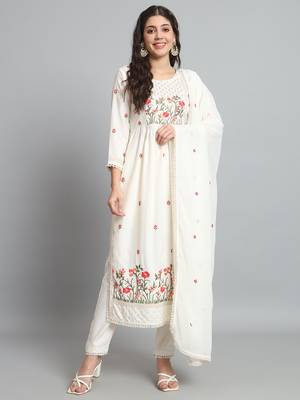 Off White Sequence Multi-Color Embroidered Viscose Rayon Blend fabric Kurta Pant with Dupatta Set 1