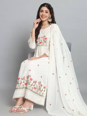 Off White Sequence Multi-Color Embroidered Viscose Rayon Blend fabric Kurta Pant with Dupatta Set 2