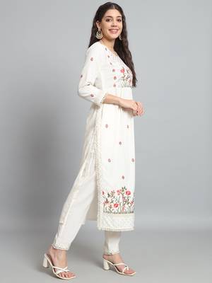 Off White Sequence Multi-Color Embroidered Viscose Rayon Blend fabric Kurta Pant with Dupatta Set 3