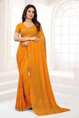 Mustard Siroski Stone Border Chiffon Party Wear Wedding Saree With Blouse Piece 1